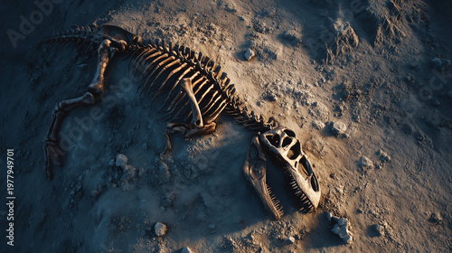 Top view of a partially buried dinosaur skeleton fossil in soil, revealing ancient bones and textures, concept of paleontology and prehistoric discovery.
