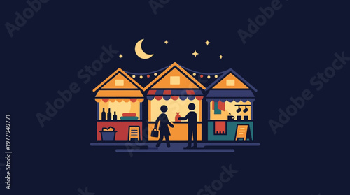 Night Market Stalls Under Crescent Moon