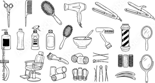 Bild auf Leinwand Black and White Line Art Illustration of Barber Shop and Hair Salon Tools and Eq