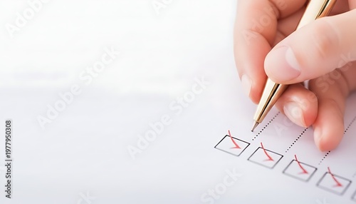 Close up of hand using a gold pen to check boxes on a white checklist