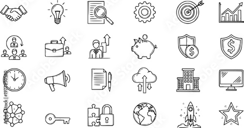 Business and Finance Icons Set in Hand Drawn Style: Strategy, Management, Investment, Growth, Collaboration, and More