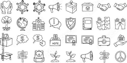 Hand Drawn Black and White Line Art Icons Collection: Social Issues, Community, Education, Charity  Political Doodle Symbols. Global Volunteering  Activism Vector Set.