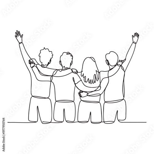 Four cartoon people sitting around a table with drinks and hands raised