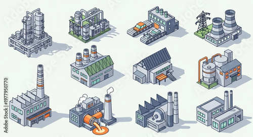 Collection of isometric industrial factory buildings and structures.