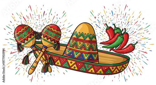 Vibrant sombrero with maracas and chili peppers on white background with colorful confetti