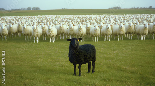 A single black sheep stands out prominently among a dense flock of white sheep.