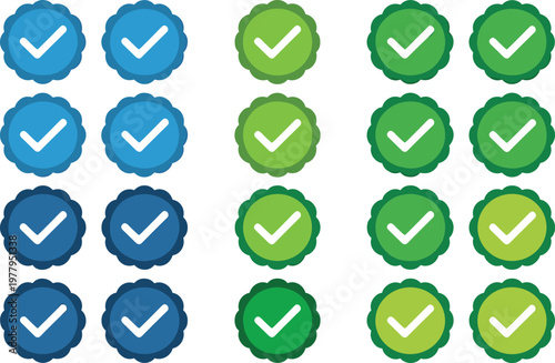 Check mark badge icon set with approval verification symbols in flat styles for success quality and validation design