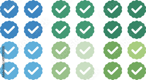 Check mark badge icon set with approval verification symbols in various color styles for success validation design
