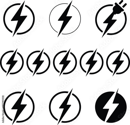 Electric lightning bolt icon set with circular energy symbols for power charging electricity logos and modern tech designs