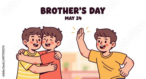 Brothers celebrating brother's day on may 24 with joyful hugs and high fives in a colorful illustration
