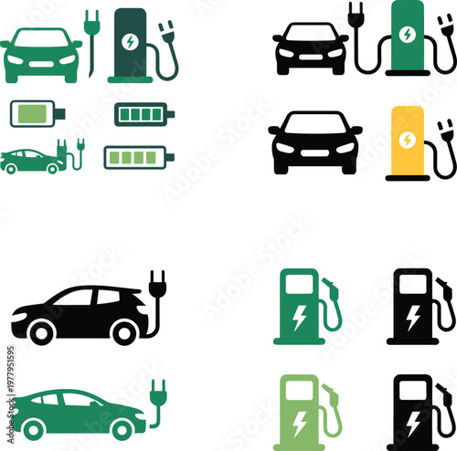 Electric vehicle charging icon set with car battery and station symbols for eco transport and energy design