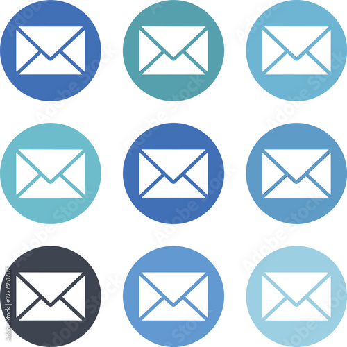 Envelope email icon set with message symbols in circular flat styles for communication app and web design