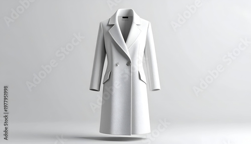 A pristine white, double-breasted coat floats, studio-lit, against a neutral background