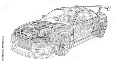 Detailed technical drawing of a sports car.