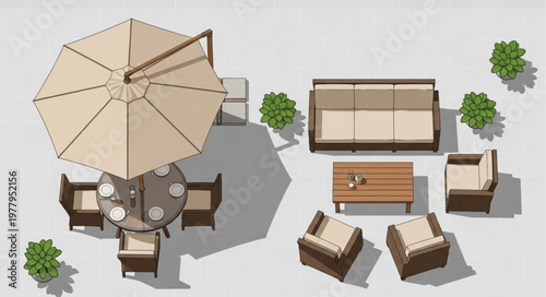 Outdoor patio furniture set with umbrella and seating arrangement.