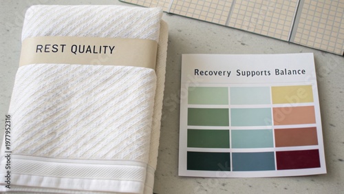 Soft white towel with text saying REST QUALITY beside a color palette indicating recovery support and balance in a serene setting