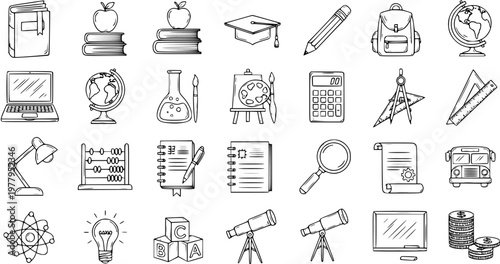 Hand Drawn Black and White Line Art Education Icons Set. School and Learning Supplies Doodle Symbols Collection for Knowledge.