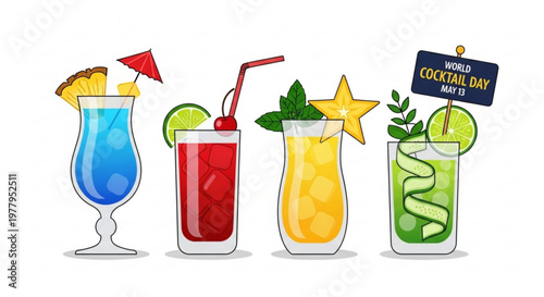 Four colorful cocktails with garnishes and ice on white background for party and celebration