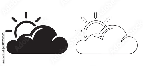 Set of weather forecast icons. Minimalist black line symbols for sun, cloud, rain, snow, storm, and wind. Vector illustration for app, UI design, and climate concepts.