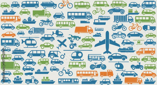 Collection of various transportation vehicles and modes of transport.