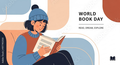 Cozy woman reading book in armchair world book day graphic design