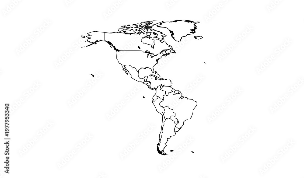 Obraz premium North and South America outline map vector with country borders geography line illustration
