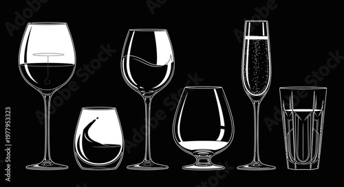 Variety of empty wine glasses.