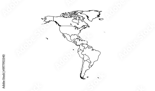 North and South America outline map vector with country borders geography line illustration