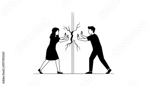 Man and woman breaking wall vector teamwork overcoming obstacle concept illustration