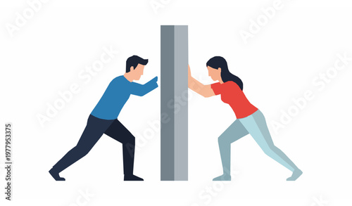 Man and woman pushing wall from opposite sides vector conflict and resistance concept