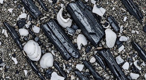 beach texture featuring black charcoal pieces white seashells and pebbles creating a natural abstract pattern on dark coastal sand.