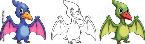 Cute pterodactyl dinosaur character set with cartoon colored and outline styles flying prehistoric creature vector illustration