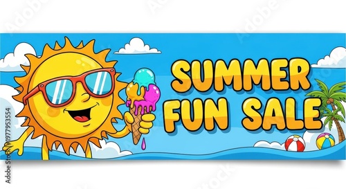 Summer Fun Sale banner with cartoon sun character, vibrant seasonal promotion header, cheerful sun wearing sunglasses holding ice cream cone