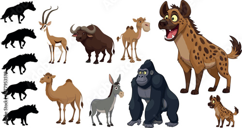 African animals cartoon collection with hyena gorilla camel buffalo antelope donkey silhouettes wildlife vector illustration set