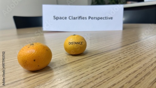 Two Oranges with Distance Label on Table and Space Clarifies Perspective Sign in Background for Depth Conceptual Representation