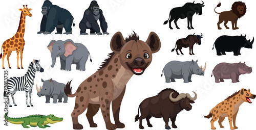 African animals collection with lion elephant giraffe zebra rhino hippo hyena gorilla buffalo crocodile silhouettes vector illustration set