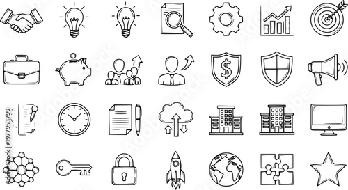 Business  Finance Icons: Handshake, Lightbulb, Piggy Bank, Cloud, Rocket, Globe, Line Art