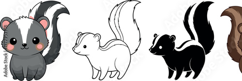 Cute skunk character set in different styles cartoon outline silhouette and colored vector illustration isolated on white background