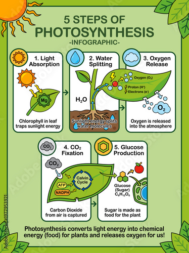 5 steps of Photosynthesis infographic, vector