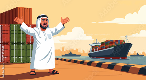 Middle Eastern Man in Traditional Dress Gesturing Expressively at a Bustling Commercial Seaport with Container Ships and Cargo, Reflecting Global Trade Challenges and Supply Chain Dynamics
