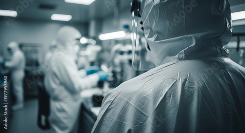 protective suit clad scientists working diligently in a modern laboratory conducting important research in a sterile cleanroom environment.