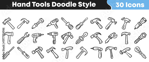 A comprehensive collection of various hand tools and construction implements rendered in a charming doodle style, perfect for design projects and illustrations.