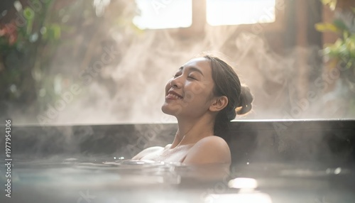 Young Asian woman relaxing in a hot spring bath with steam rising, enjoying a moment of tranquility and wellness.