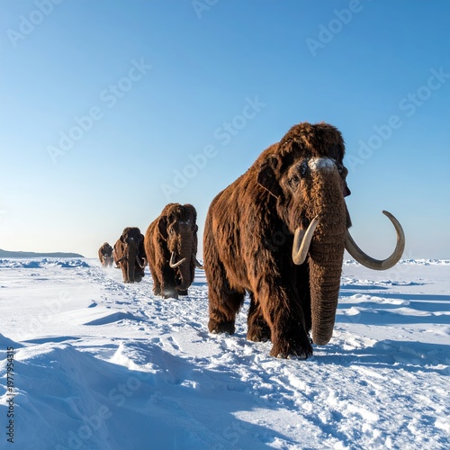 Woolly Mammoths Trekking Across a Vast, Snowy Arctic Landscape Under a Clear Blue Sky.