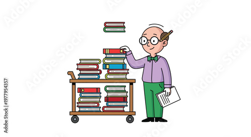 Elderly man organizing books on a cart with a thoughtful expression