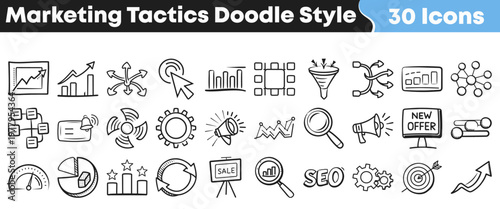 Set of thirty hand drawn marketing tactics doodle icons showing various business symbols and growth concepts for digital media design