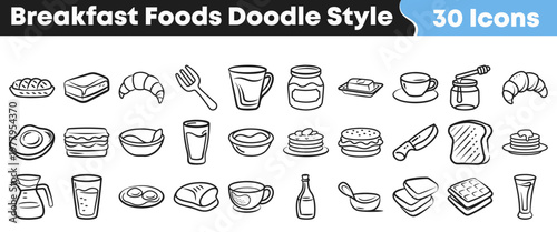 A comprehensive collection of hand-drawn breakfast food icons in a playful doodle style, perfect for menu designs and culinary projects.