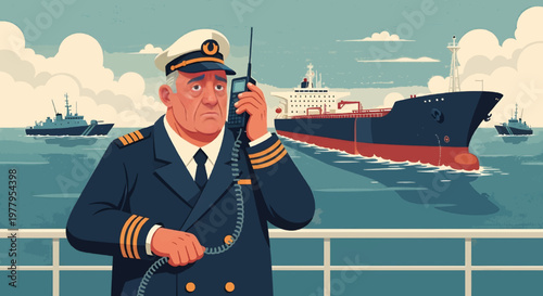 Experienced maritime captain communicates vital information over radio, ensuring smooth operations on deck with cargo ships navigating the open sea