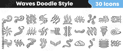 Hand-drawn doodle style wavy icons representing various fluid motions, air currents, wind, and smoke elements for creative design projects.