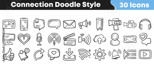 This diverse collection of hand-drawn doodle style icons represents connection, social media, and digital communication concepts for modern web design.